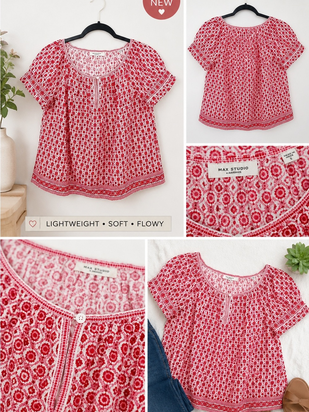 Max Studio Pink and White Printed Short Sleeve Peasant Blouse